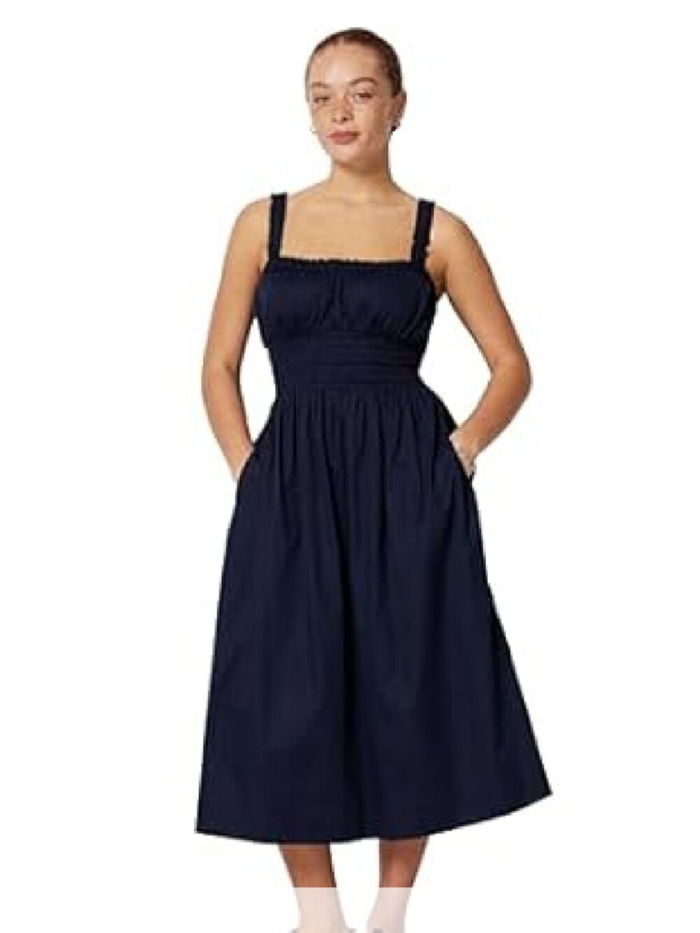 Sofia Grainge Amazon Collab Navy 100% Cotton Smocked Sleeveless Midi Dress NWT
